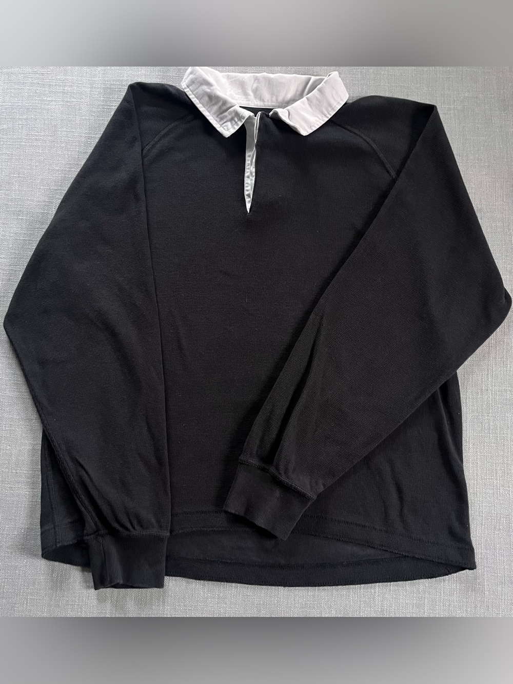 Standard Cloth Black Waffle Knit Cotton Rugby Polo w White Contrast Collar